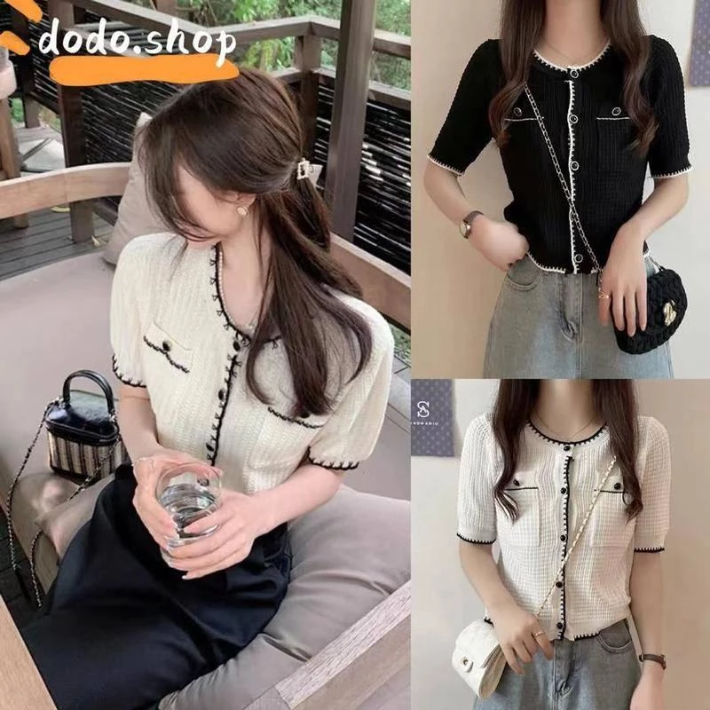 DODO🌟พร้อมส่ง🌟เสื้อคอกลมแขนสั้นแต่งกระเป๋าสองข้างทรงสวยฮิตสไตล์คุณผู้หญิงสีดำ/สีขาว(10029)