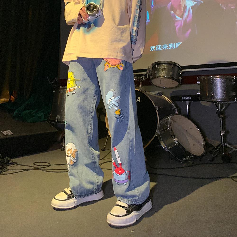 Loose Korean Style Jeans Hip Hop Street Version Cartoon Trend Ins Men's Pants Autumn Leaves