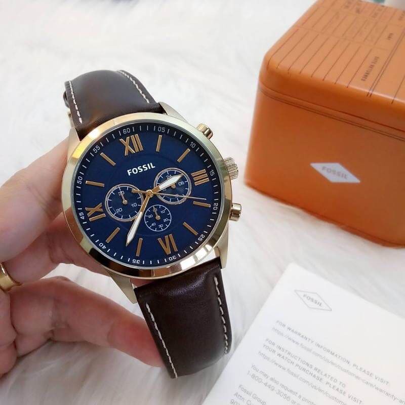 พร้อมส่ง นาฬิกาข้อมือผู้ชาย Fossil Men's Chronograph Navy Blue and Gold Dial Brown Leather Band Watch BQ2095