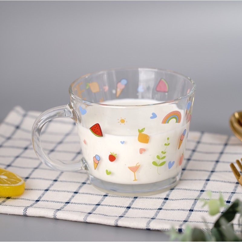 แก้วกาแฟ แก้วใสลายเชอรี่ลายน่ารักสไตล์เกาหลี มีหูจับ ถ้วยตวง