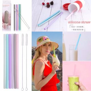 Silicone Straw หลอดดูดน้ำซิลิโคนแบบตรงเนื้อซิลิโคนนุ่ม จำนวน 6 หลอด พร้อมแปรงล้างหลอด 2 ชิ้นในชุด