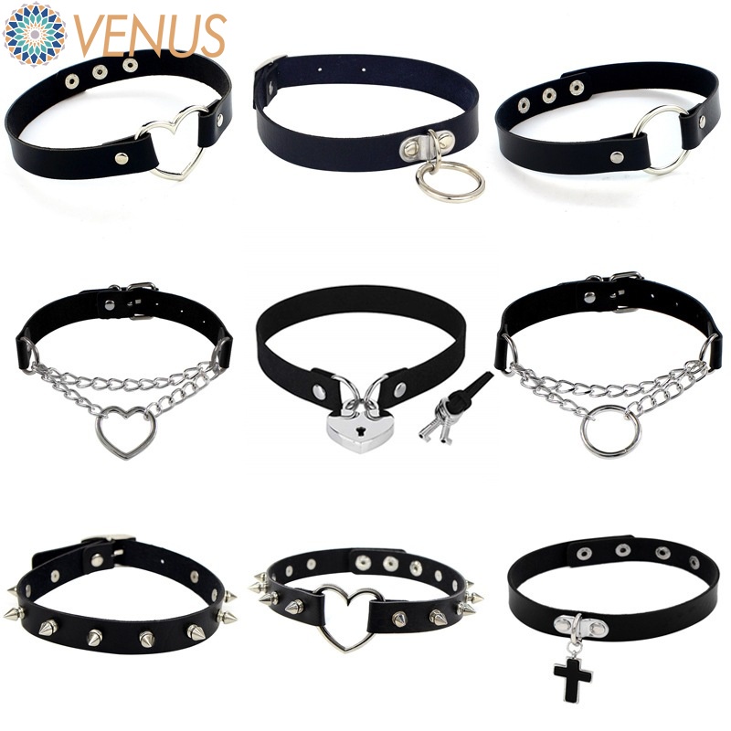 Choker Harajuku Punk Rock Gothic หนังPU ออกแบบเซ็กซี่ กะทัดรัต มีหัวใจและ_spike rivet collar