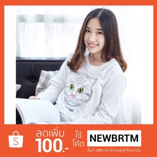 เสื้อแขนยาว Sweater ปัก ลายแมว ผ้านุ่ม COTTON 100%