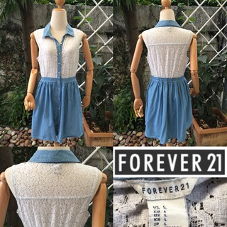 2is1bro แบรนด์แท้ Forever 21 เดรสยีนส์ เสื้อลูกไม้ แขนกุด มือสอง พร้อมส่ง sz L