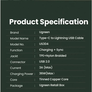 UGREEN original mfi สายเคเบิ้ล USB C แปลงเป็น ไลท์นิ่ง สีเขียวเข้ม สําหรับโทรศัพท์มือถือ 1M