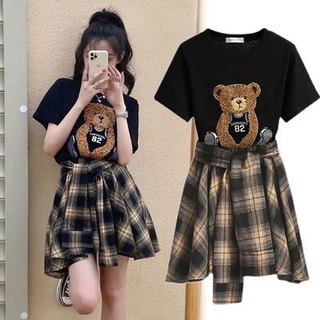 ชุดเซ็ตทูพีซ ชุดทูพีซ กระโปรง กระโปรงลายสก็อต Bear T-shirt