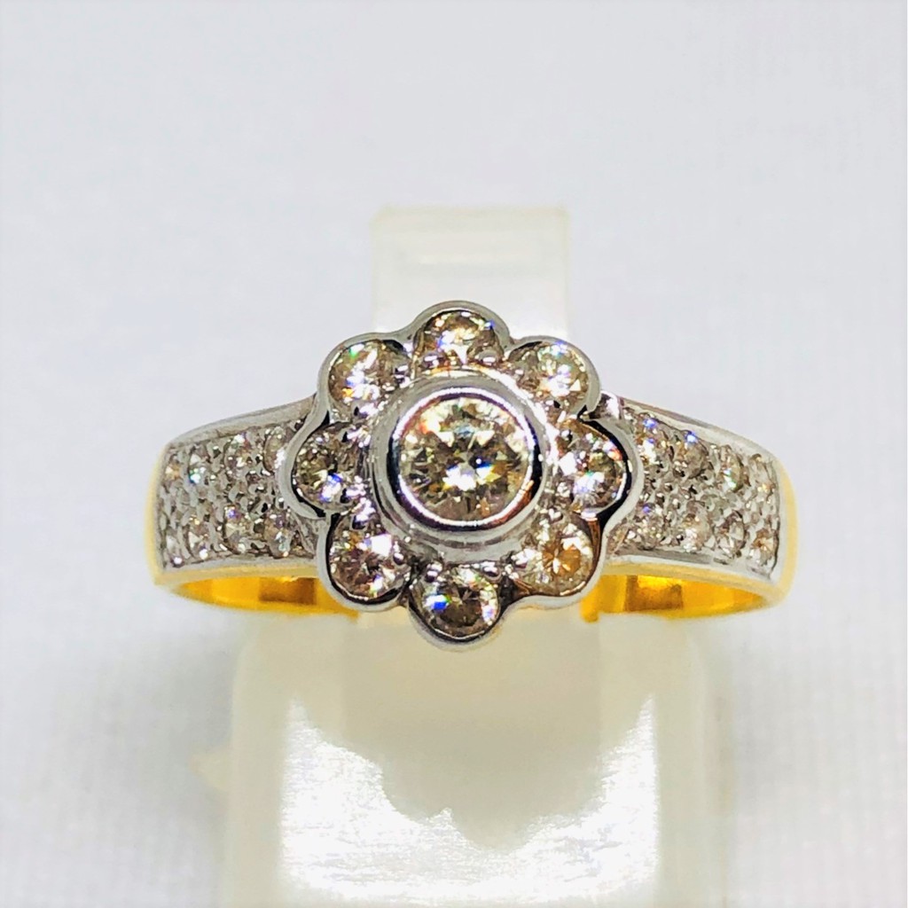 💍 หลุดจำนำ size 52; แหวนทองเพชรแท้ ดอกไม้ ก้านเพชรแท้สองแถว A25683R 💍