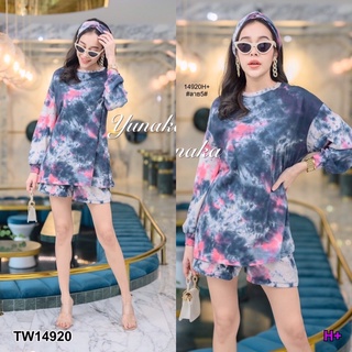 TW14920 Set 3 ชิ้น เสื้อคอกลม แขนยาว + กางเกงขาสั้น เอวยางยืด มีกระเป๋าล้วงข้าง มีผ้าคาดผม เนื้อผ้าคอตตอล ลายผ้ามัดย้อม