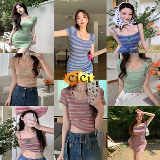 Cici(NO.1380-1/1380/1381)เดรส/สายเดี่ยว/เสื้อครอป ผ้าไหมพรมลายทางทอสลับสีทูโทนหวานๆ น่ารักสไตล์คิ้วท์