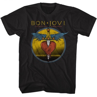 แขนสั้นcrew neckเสื้อยืด พิมพ์ลายโลโก้ Bon Jovi You Give Love A Bad คุณภาพสูง แฟชั่นสําหรับผู้ชายS-XXXXL