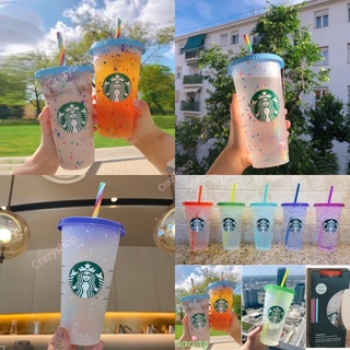 Starbucks แก้วน้ําพลาสติก เปลี่ยนสีได้ พร้อมฝาปิด และหลอดดูดน้ําเย็น ใช้ซ้ําได้