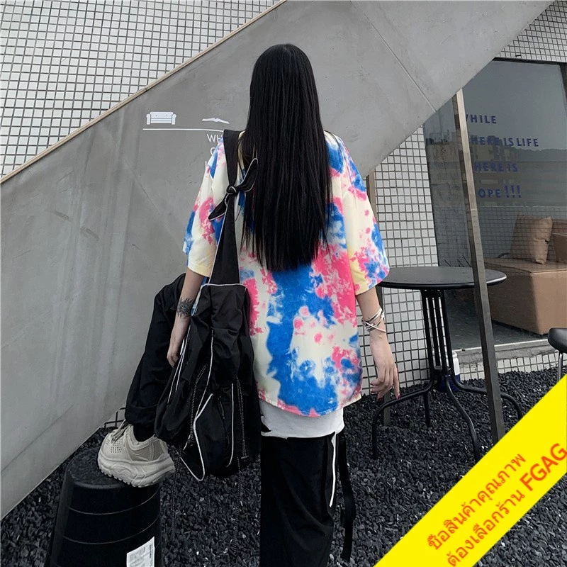 เสื้อเชิ้ตมัดย้อมแขนสั้นผู้หญิง oversize เสื้อผ้าแฟชั่นวินเทจ สไตล์เกาหลี เสื้อโอเวอร์ไซส์สีพาสเทล ไซส์ใหญ่ thumbnail 5