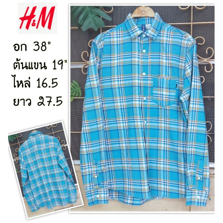 H&M เสื้อเชิ้ตผู้ชายลายสก๊อต แบรนด์เนมแท้ มือสองสภาพนางฟ้า