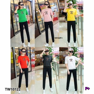 TwinsShopVip💗พร้อมส่ง TW10122 Set 2 ชิ้น เสื้อสกรีนภาษาอังกฤษ + กางเกงขายาว