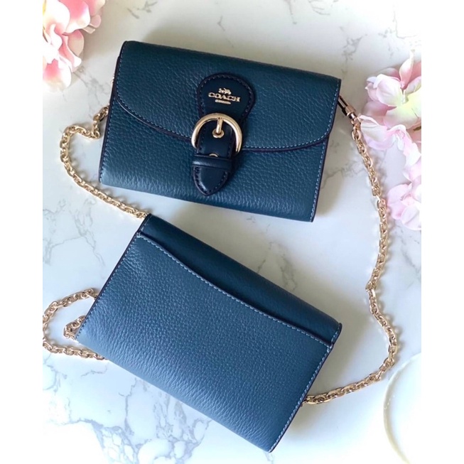 แถมสายโซ่ยาว Coach Kleo Wallet Leather Medium  Denim Blue Multi