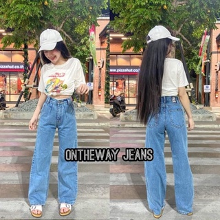 [พร้อมส่ง]🚚ทรงกระบอก แบบเรียบ แต่งขอบเอวลูกไม้เกร๋ๆ สีสโนว์ยีนส์(ผ้าไม่ยืด)