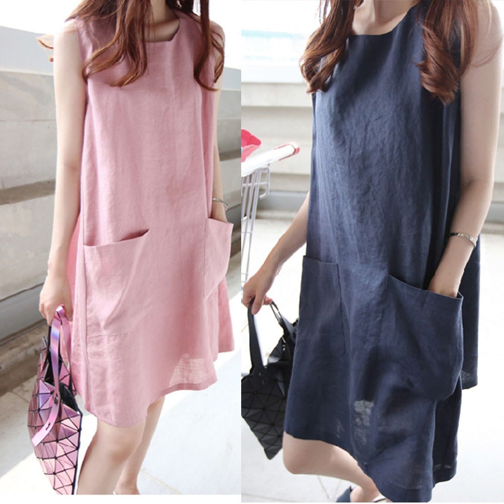 ชุดเดรส แขนกุด ผ้าฝ้าย ผ้าลินิน สีน้ำเงิน สีชมพู สำหรับผู้หญิง