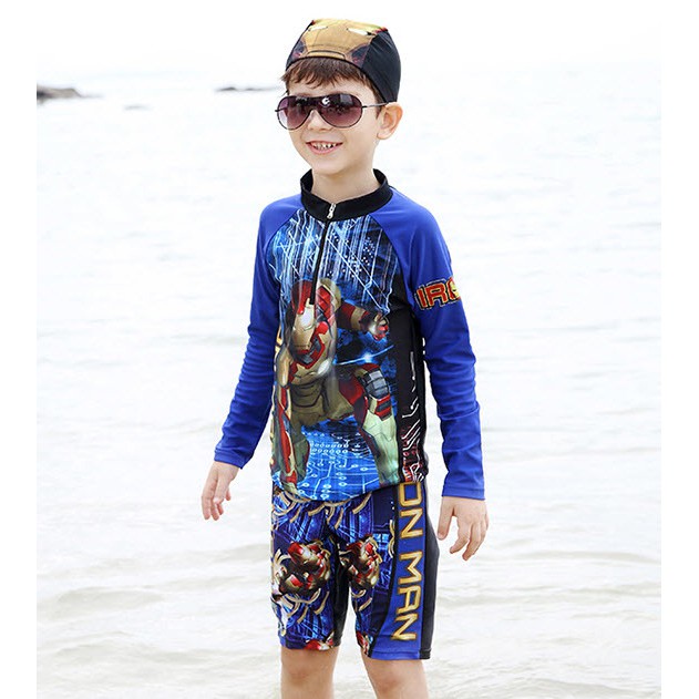 ชุดว่ายน้ำ เด็กผู้ชาย Iron man แขนยาว + หมวก อายุ 3-12 ปี #16D25