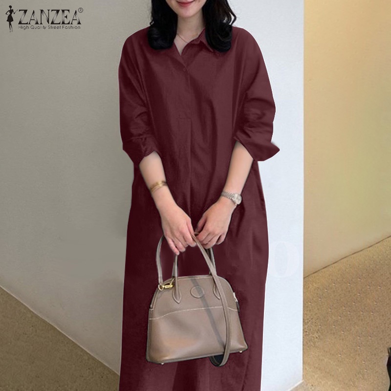 ZANZEA Women Korean Style Elegant Simple Solid Long Sleeve Button Down Dress #7