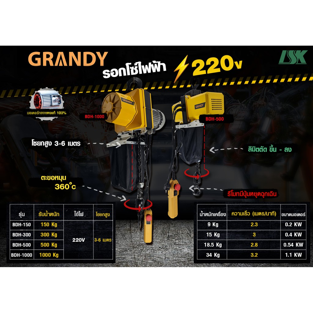 รอกโซ่ไฟฟ้า GRANDY รับน้ำหนัก 150-1000 KG ใช้ไฟ 220 V