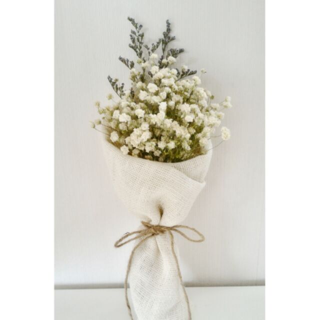 ช่อดอกไม้แห้ง ยิปซี ห่อผ้ากระสอบสีครีม