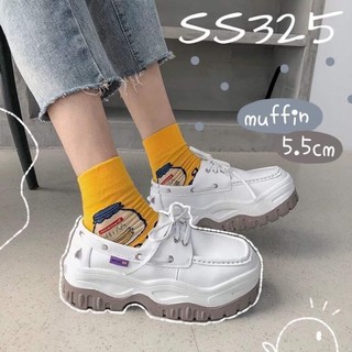 SS325 รองเท้าผ้าใบส้นตึกเตารีด หัวตัด ทรงรองเท้าพยาบาล หนังนิ่มสีขาว
