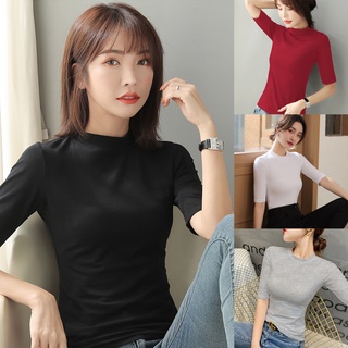 Korean🧧 เสื้อยืดคอกลมทรงสูงแขนสั้น ผ้าคอตตอน 4 สี