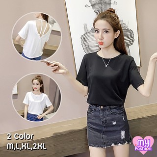 🎴MYF มาใหม่🎴เสื้อยืดคอกลมแขนสั้น สีพื้น 2 สี แต่งผ่าหลัง