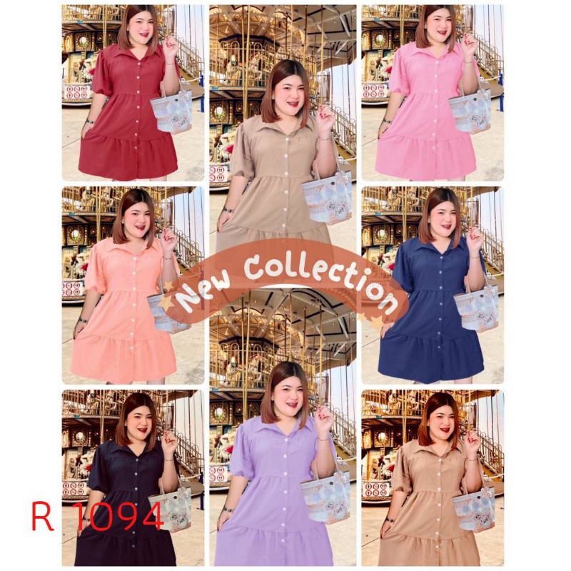 1094. R P2PPlussize ชุดเดรสสาวอวบผ้าไหมอิตาลี  รุ่นคอปกกระดุมหน้าชายระบาย