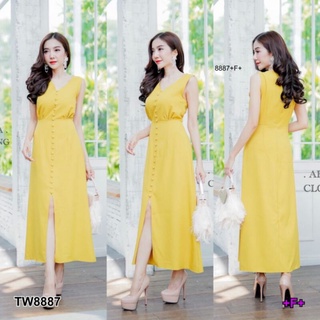Dress แขนกุด คอวี กระดุมหน้าเรียงยาว จับจีบตรงช่วงอก