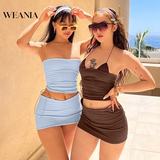 Weania ชุดเสื้อเปิดไหล่ และกระโปรง เอวสูง สีพื้น แฟชั่นสําหรับผู้หญิง