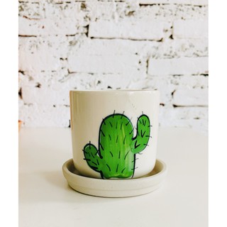 กระถางแคคตัสเซรามิคเคลือบแก้ว Opuntia 1 ใบพร้อมจานรอง