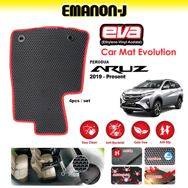 Emanon-J Eva Evolution พรมปูพื้นรถยนต์ป้องกันแบคทีเรียไร้กลิ่น Perodua Aruz - สีแดง (4 ชิ้น)