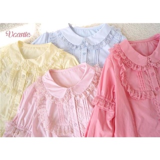 พร้อมส่ง 🌈 เสื้อ JK ญี่ปุ่น เสื้อ Lolita เสื้อเชิ้ตสีขาว เสื้อสั้น คอปกตุ๊กตา แขนพอง ลูกไม้ 3 สี