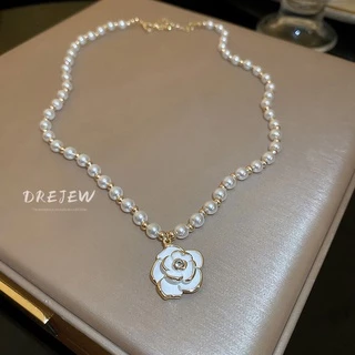 DREJEW สร้อยคอโซ่ทอง 18K จี้ไข่มุก ดอกไม้ ประดับเพชร สไตล์ฝรั่งเศส หรูหรา