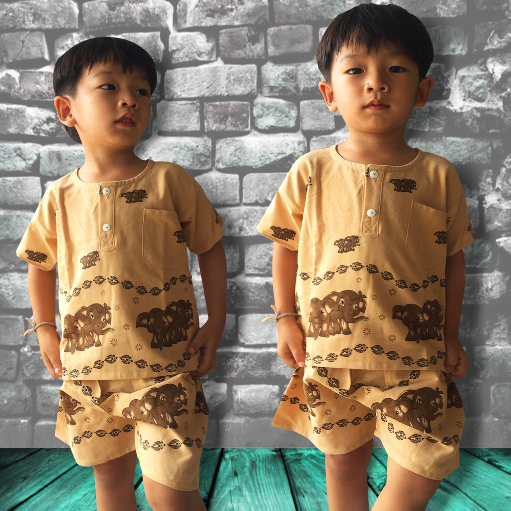 ชุดเสื้อผ้าเด็ก ชุดไทยเด็กชาย ชุดผ้าหม้อฮ่อมเด็ก ชุดลายช้าง เสื้อลายช้างเด็ก กางเกงเด็กลายพื้นเมือง ผ้าพื้นเมืองเด็ก