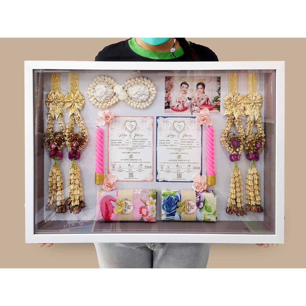 แตก​ หัก​ เคลมฟรี‼️กรอบเก็บพวงมาลัย​งานแต่ง​ ไม้แท้​ 2ชั้น ขนาด 16x24นิ้ว - รูปที่ 2