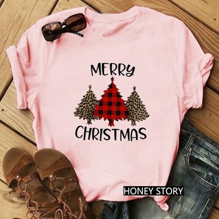 เสื้อยืดผ้าฝ้าย เสื้อยืดคริสต์มาสChristmas Tshirt 2022 Christmas Santa Claus Elk Print Men and Women Parent-child Pink T