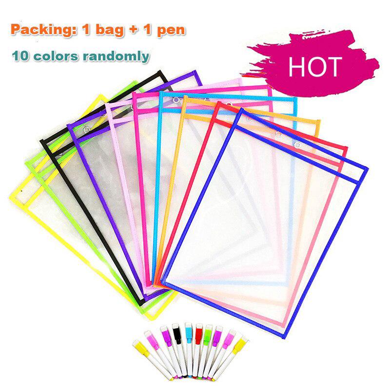 1Lot (1Bag+1Pen)  Reusable With PVC Transparent Dry Brush Bag PET Writing Dry Wipe Bag Drawing Toy For Children Adult