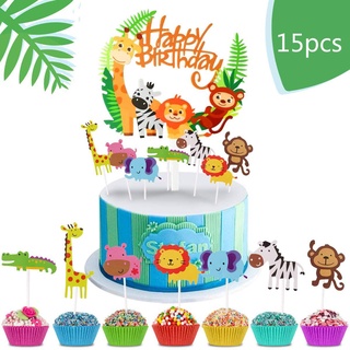 MOVINPE 15pcs Jungle Safari Birthday Cake Decoration Theme Birthday Party Happy Birthday Topper Accessories