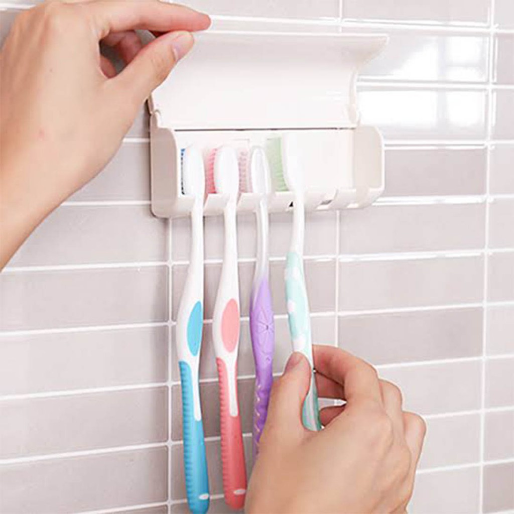 ที่เเขวนเเปรงสีฟัน ที่ใส่เเปรงสีฟัน เเขวนเเปรงสีฟัน ฝาปิด ติดผนัง 6 ช่อง กับ 2 ช่อง (สีขาว) เเบบติดกาวสองหน้า