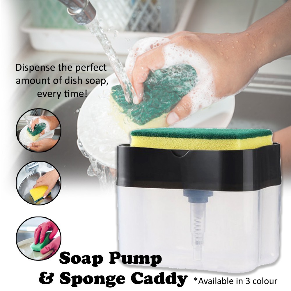 เครื่องจ่ายสบู่ห้องครัว 2 in 1 พร้อมที่ใส่ฟองน้ํา ปั๊มล้างจาน / Bekas Sabun Cuci Pinggan Dapur Denga