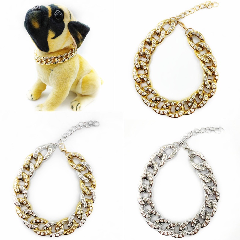 สร้อยคอสัตว์เลี้ยง Teddy French Fighting Bully Cat Diamond-Studded Gold Chain Dog Big Gold Chain
