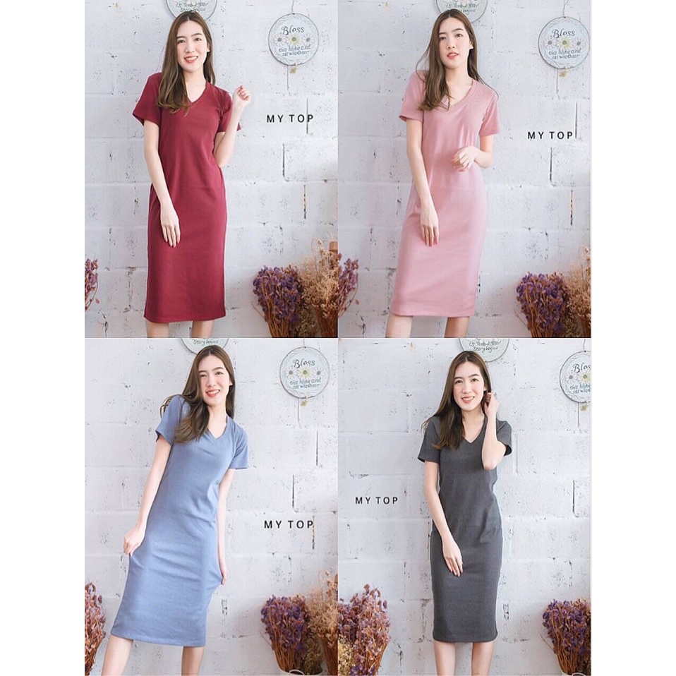 MY TOP Midi dress ชุดเดรสคอวี ทรงเบสิก เนื้อผ้าร่อง CARDIGAN_NISTA D91 (MT23H)