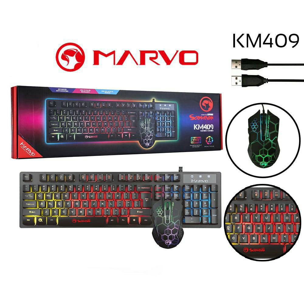 Marvo KM409 ชุดมีไฟ คีบอดRainbow และเมาส์6ปุ่มมีไฟ7สี USB Keyboard Combo Set (Keyboard and Mouse)แถมแผ่นรองเม้าส์melon