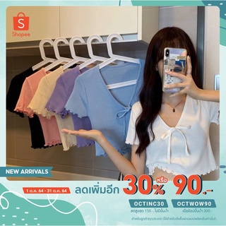 [ลดเพิ่ม30% ใส่โค้ดOCTINC30] muza เสื้อไหมพรมผูกโบ  แขนระบายชายระบาย ไหมพรมเนื้อดี น่ารักวัยใสๆ 7516