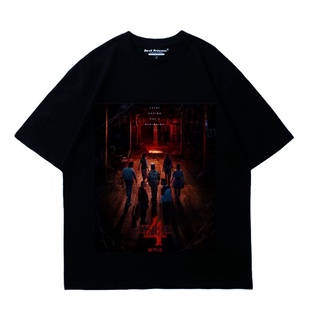 คอตต้อนคอกลมเสื้อยืดคอกลมเสื้อยืด สีดํา - STRANGER THINGS 4 ลูกหมูS-4XL