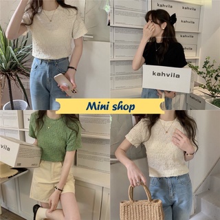 Mini shop🌸พร้อมส่ง🌸 (11120) เสื้อไหมพรมคอกลมแขนสั้น ดีเทลผ้าลายทั้งตัวน่ารักสีน่ารักมาก