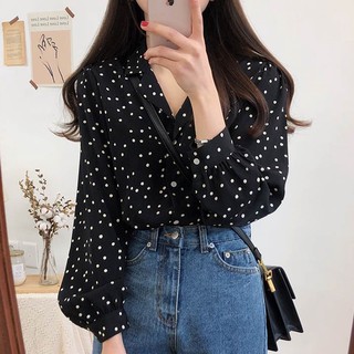 เสื้อเชิ้ตชีฟอง ลายจุด น่ารัก สไตล์เกาหลี สำหรับผู้หญิง