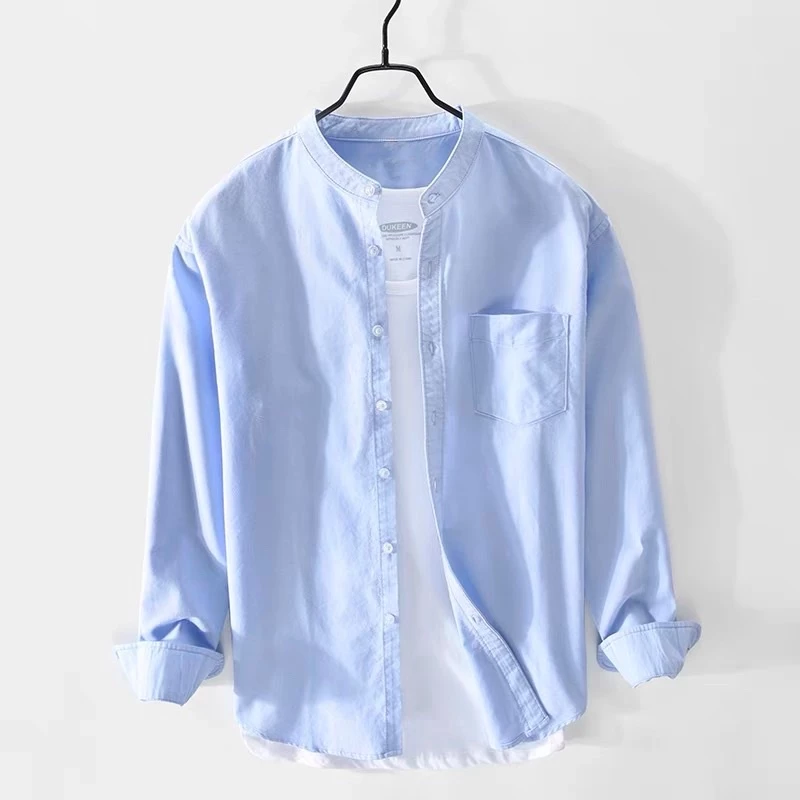 [ทักแชทรับโค้ดลดเพิ่ม] เชิ้ตคอจีนผู้ชายแขนยาว สีพื้น Long-Sleeve Mandarin Collar Shirt (5602)